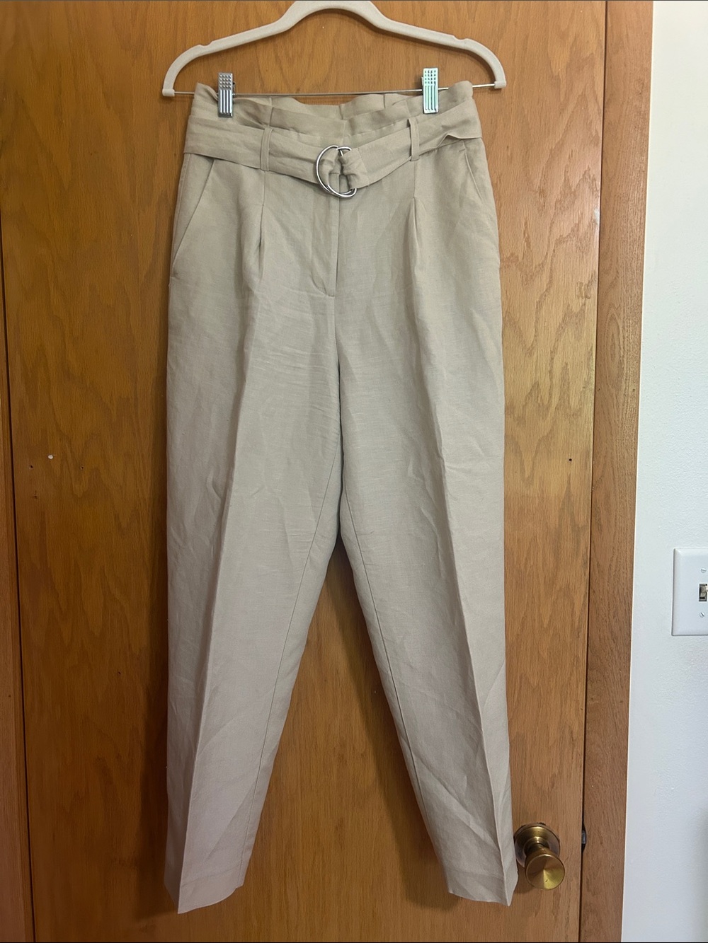 High-Waist Pleated Paperbag Trousers with Belt - Beige